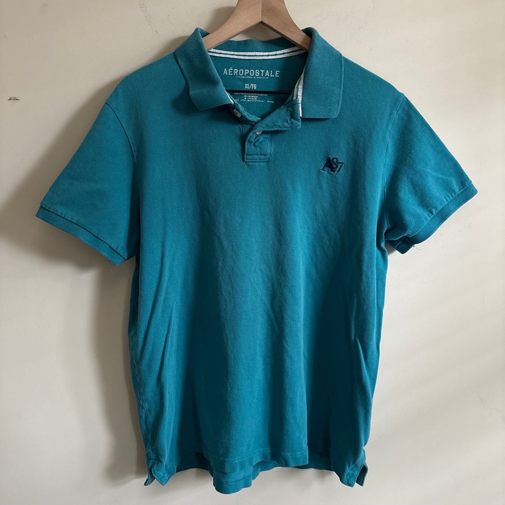 Aeropostale Mens XL Teal Blue A87 Logo Pique Cotton Short Sleeve Polo Shirt